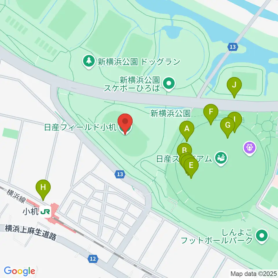 日産フィールド小机周辺のファミレス・ファーストフード一覧地図