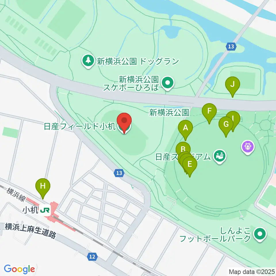 日産フィールド小机周辺のファミレス・ファーストフード一覧地図