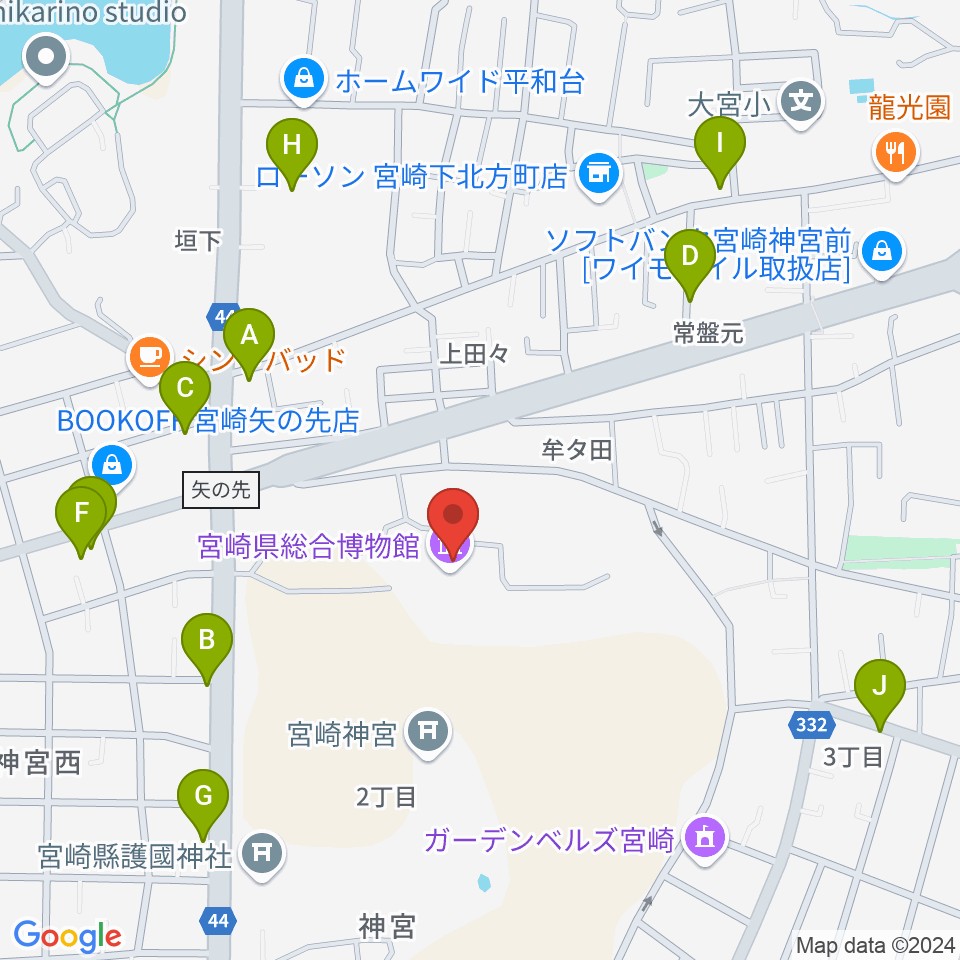 宮崎県総合博物館周辺のファミレス・ファーストフード一覧地図