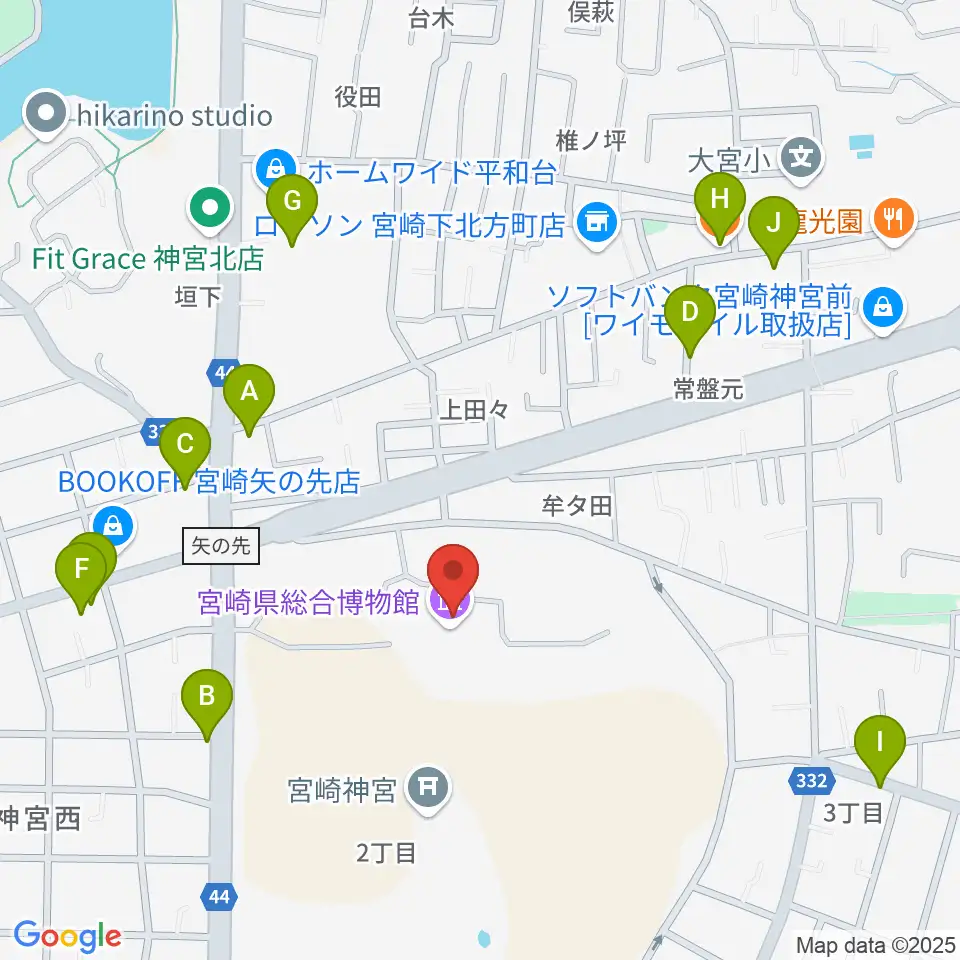 宮崎県総合博物館周辺のファミレス・ファーストフード一覧地図