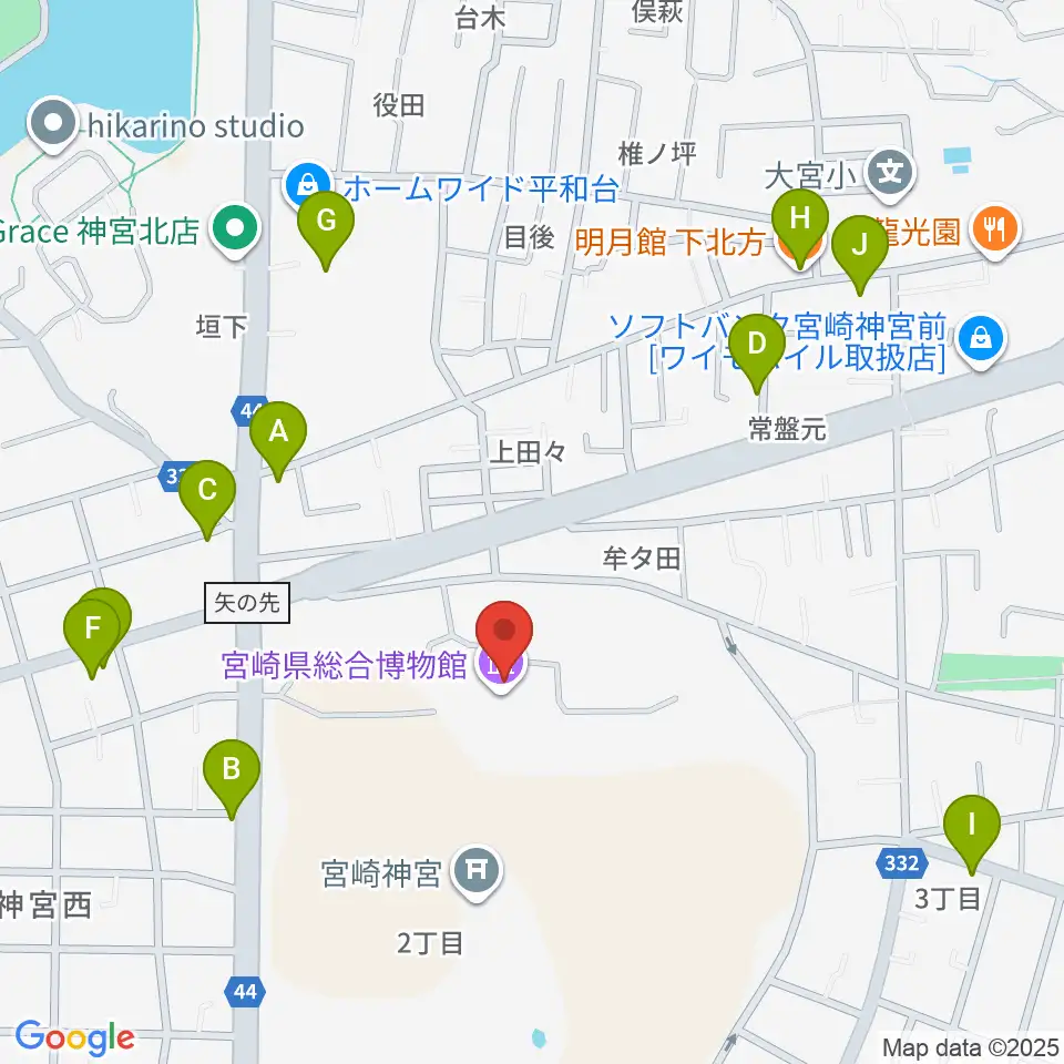 宮崎県総合博物館周辺のファミレス・ファーストフード一覧地図