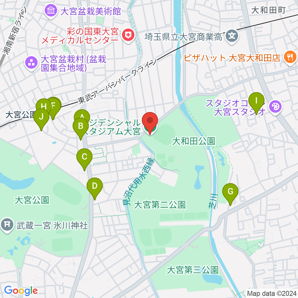 レジデンシャルスタジアム大宮周辺のファミレス・ファーストフード一覧地図