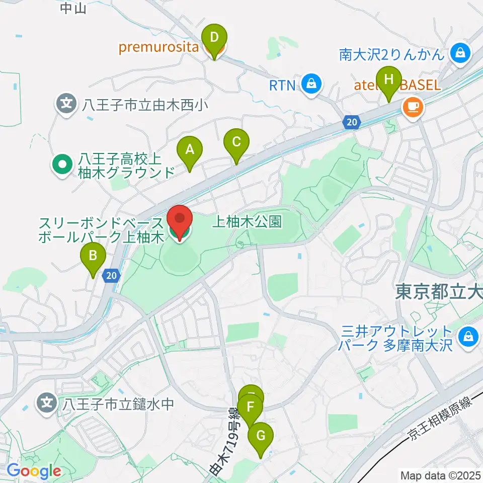 スリーボンドベースボールパーク上柚木周辺のファミレス・ファーストフード一覧地図
