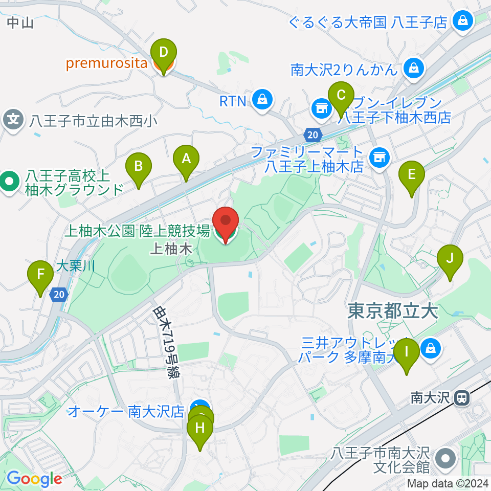 上柚木公園陸上競技場周辺のファミレス・ファーストフード一覧地図