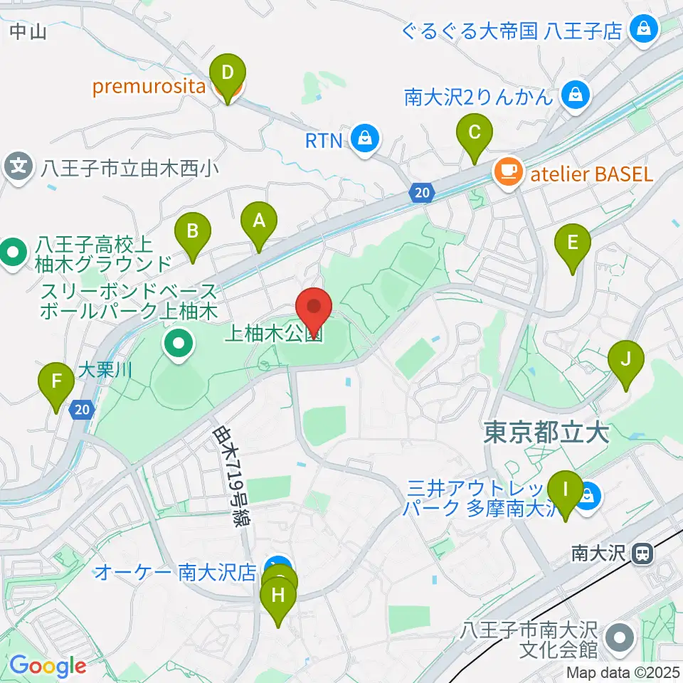 上柚木公園陸上競技場周辺のファミレス・ファーストフード一覧地図