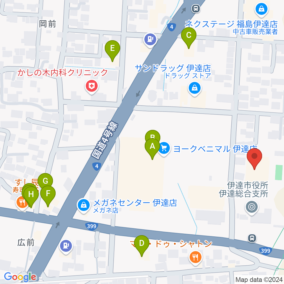 伊達市ふるさと会館MDDホール周辺のファミレス・ファーストフード一覧地図