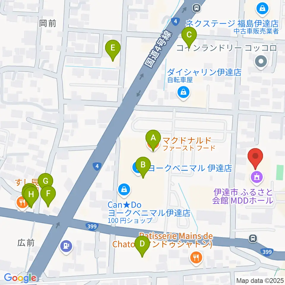 伊達市ふるさと会館MDDホール周辺のファミレス・ファーストフード一覧地図