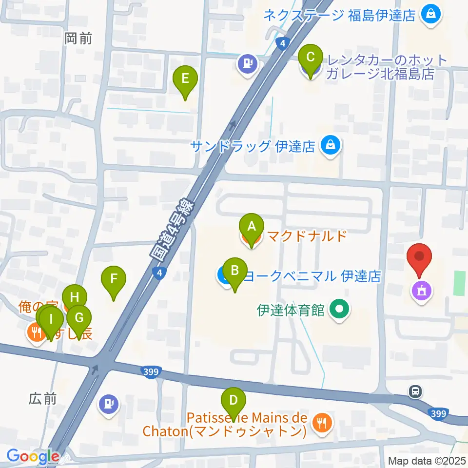 伊達市ふるさと会館MDDホール周辺のファミレス・ファーストフード一覧地図