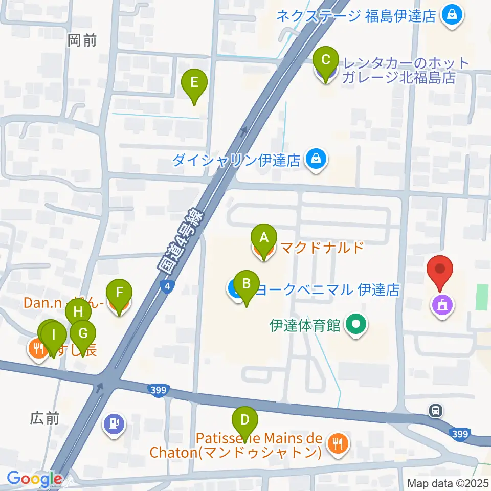 伊達市ふるさと会館MDDホール周辺のファミレス・ファーストフード一覧地図