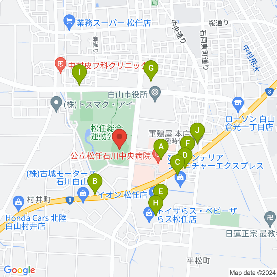 松任総合運動公園陸上競技場周辺のファミレス・ファーストフード一覧地図