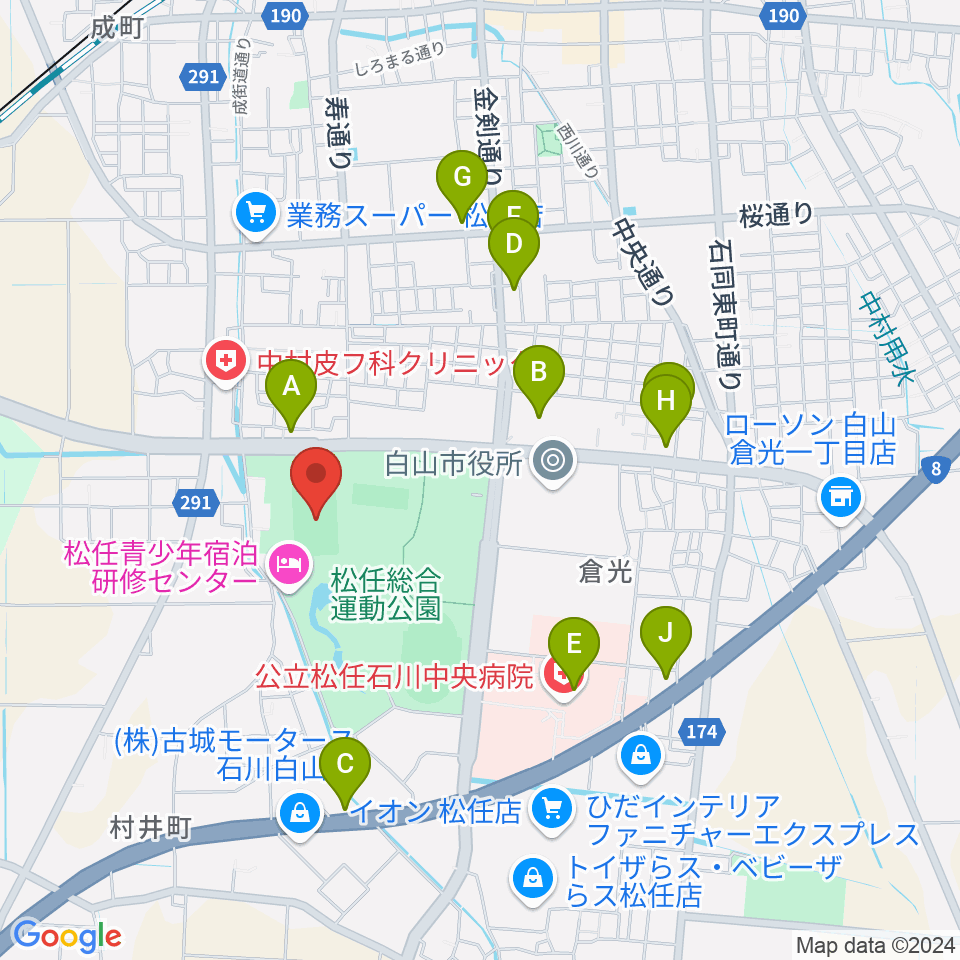 松任総合運動公園グラウンド周辺のファミレス・ファーストフード一覧地図