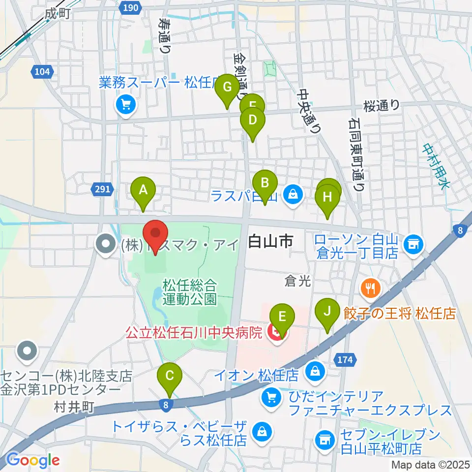 松任総合運動公園グラウンド周辺のファミレス・ファーストフード一覧地図
