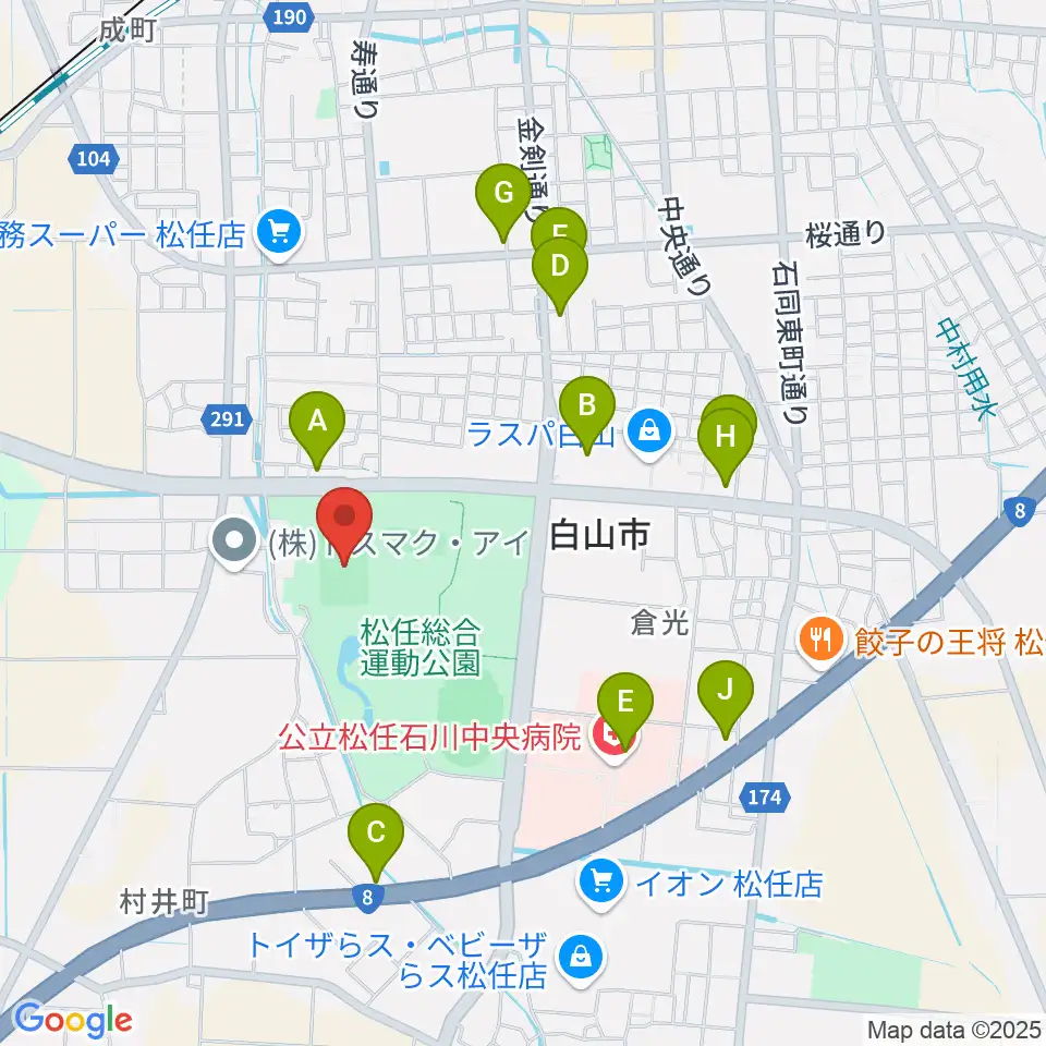 松任総合運動公園グラウンド周辺のファミレス・ファーストフード一覧地図
