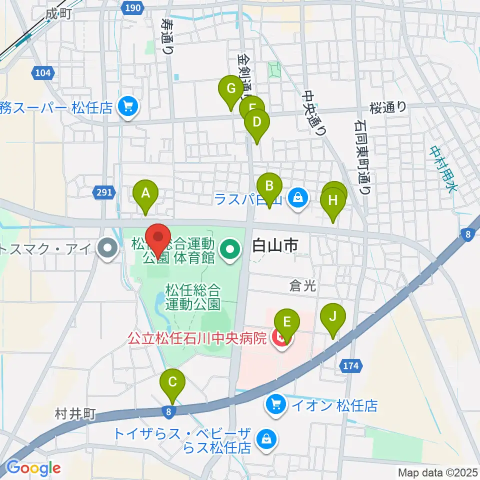 松任総合運動公園グラウンド周辺のファミレス・ファーストフード一覧地図