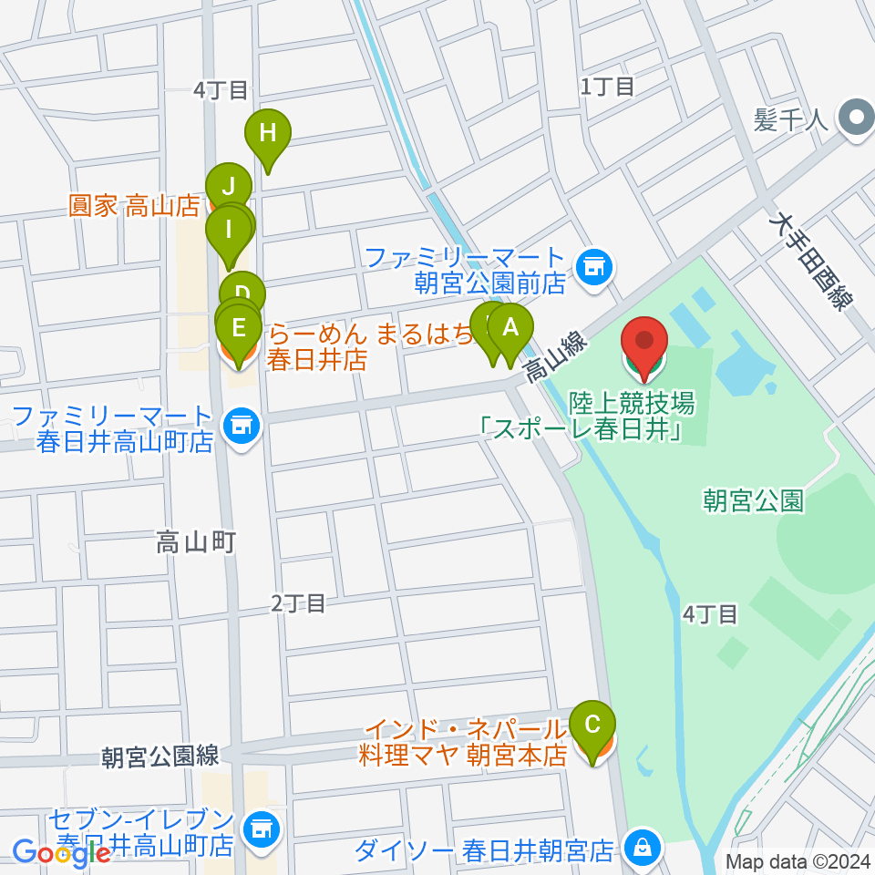 スポーレ春日井 朝宮公園陸上競技場周辺のファミレス・ファーストフード一覧地図