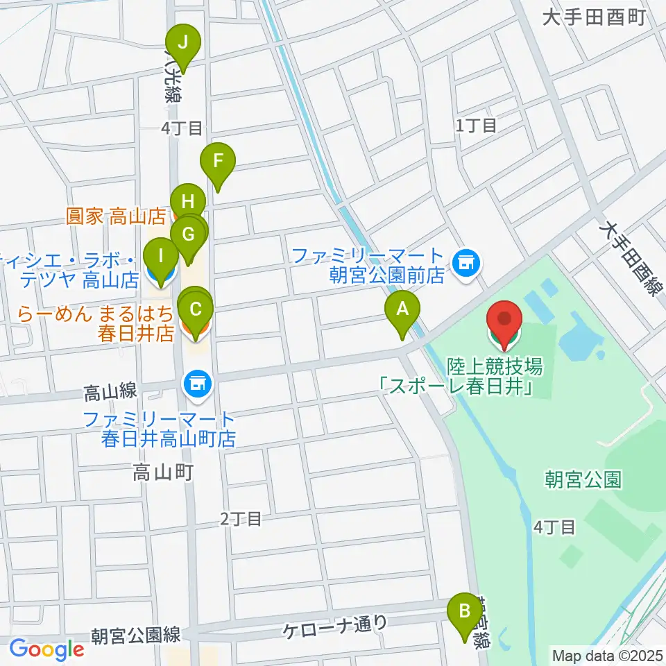 スポーレ春日井 朝宮公園陸上競技場周辺のファミレス・ファーストフード一覧地図