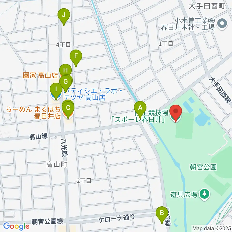 スポーレ春日井 朝宮公園陸上競技場周辺のファミレス・ファーストフード一覧地図