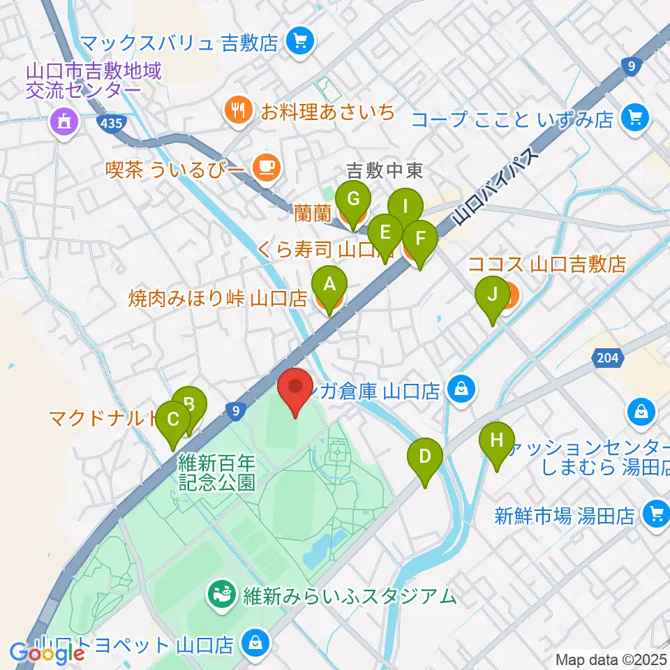 維新百年記念公園ラグビー・サッカー場周辺のファミレス・ファーストフード一覧地図