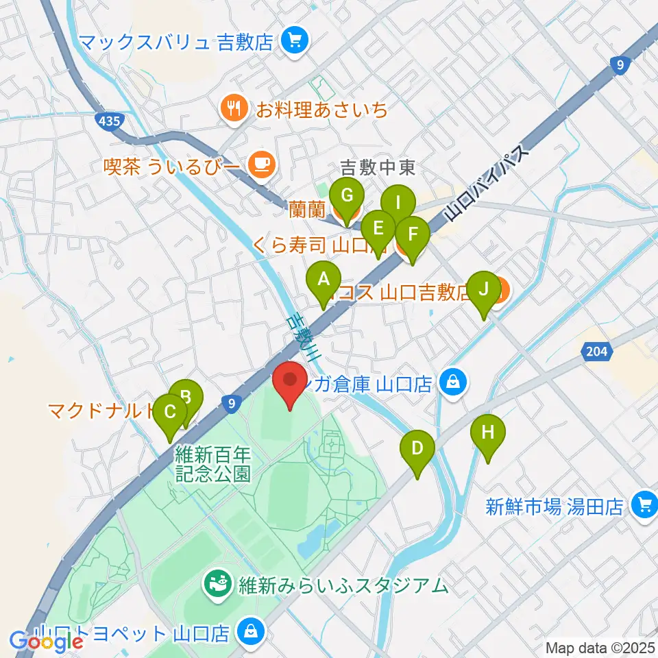 維新百年記念公園ラグビー・サッカー場周辺のファミレス・ファーストフード一覧地図