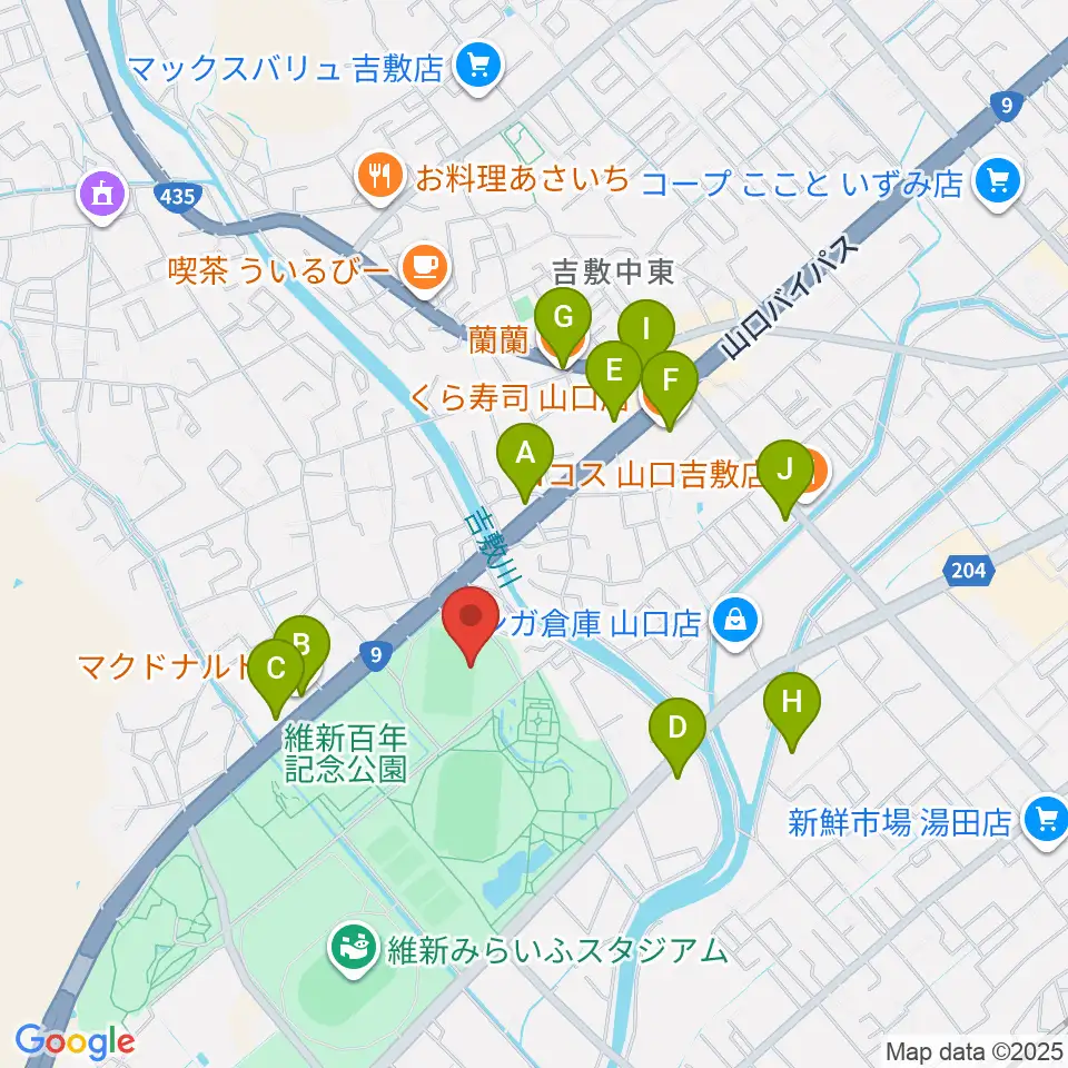 維新百年記念公園ラグビー・サッカー場周辺のファミレス・ファーストフード一覧地図