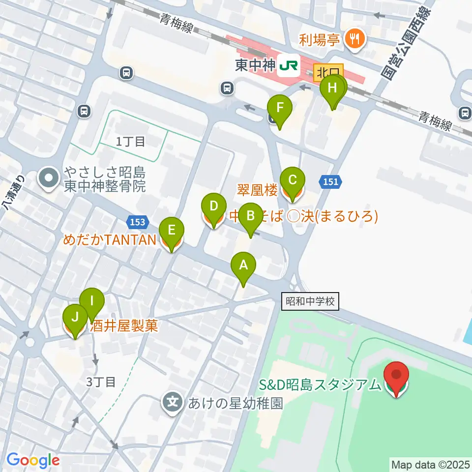 S&D昭島スタジアム周辺のファミレス・ファーストフード一覧地図