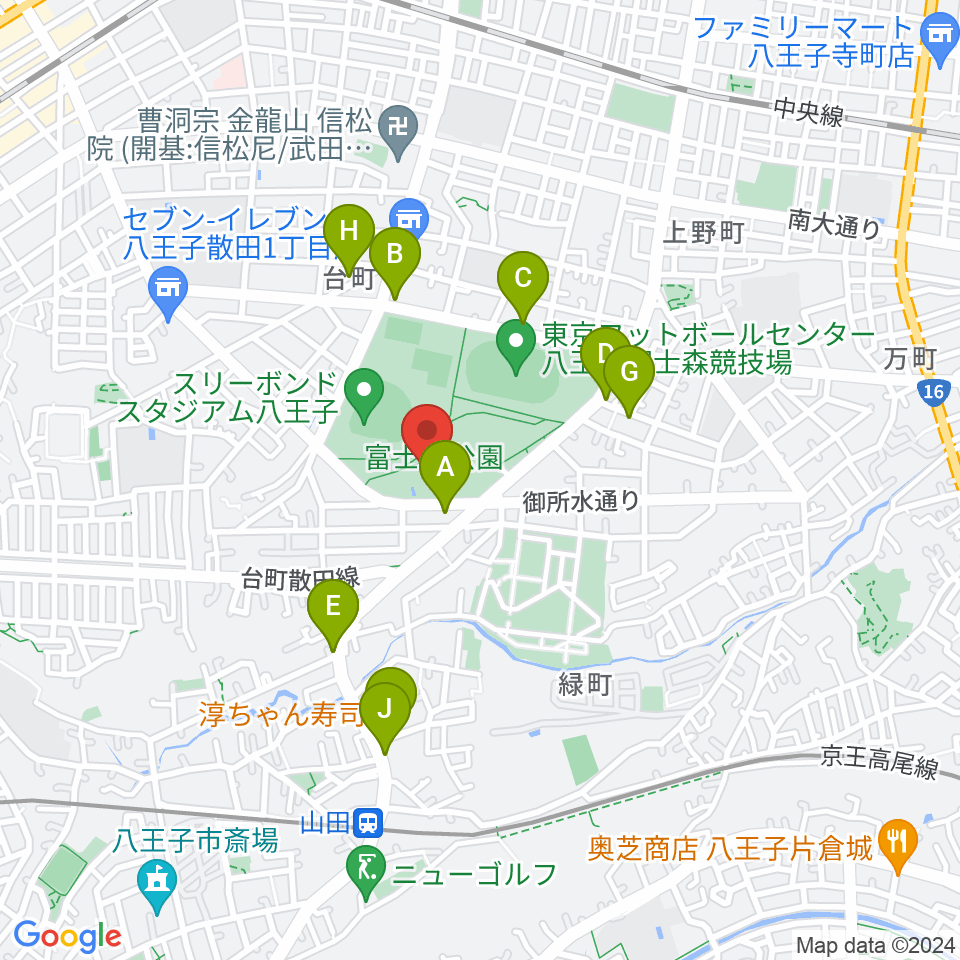 八王子市富士森体育館周辺のファミレス・ファーストフード一覧地図