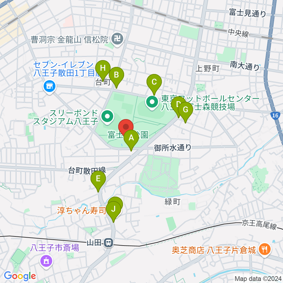 八王子市富士森体育館周辺のファミレス・ファーストフード一覧地図