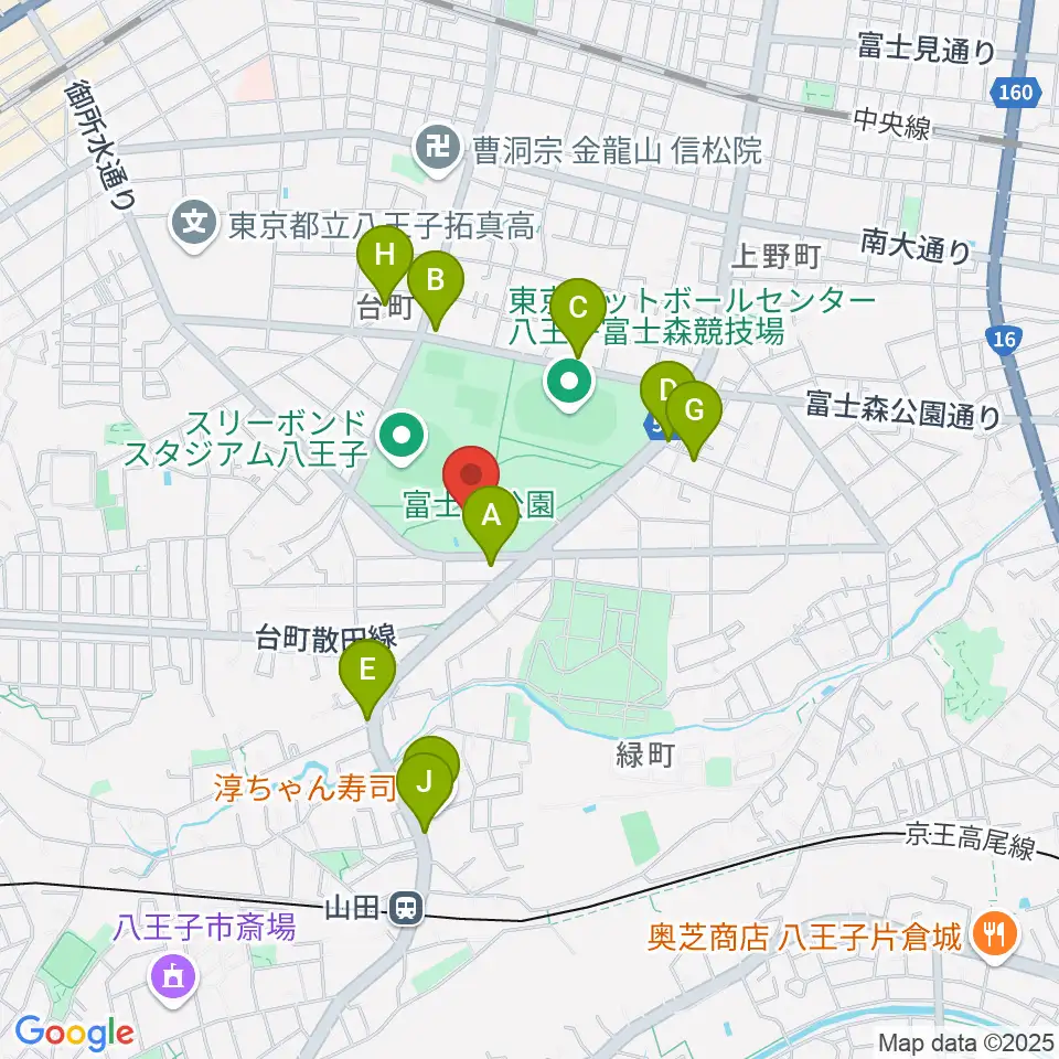 八王子市富士森体育館周辺のファミレス・ファーストフード一覧地図