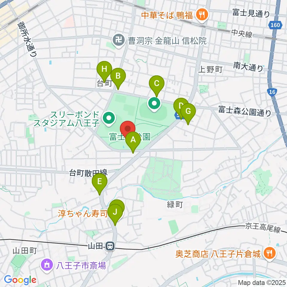 八王子市富士森体育館周辺のファミレス・ファーストフード一覧地図