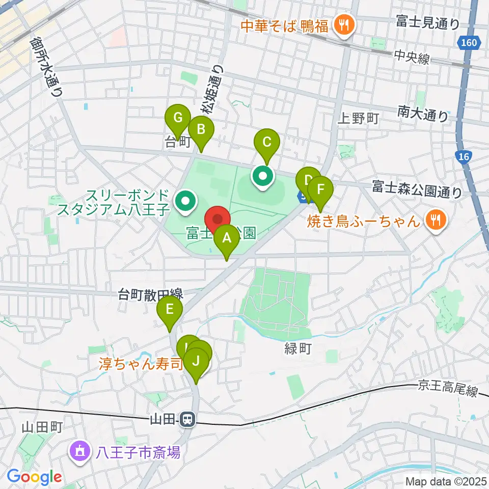八王子市富士森体育館周辺のファミレス・ファーストフード一覧地図
