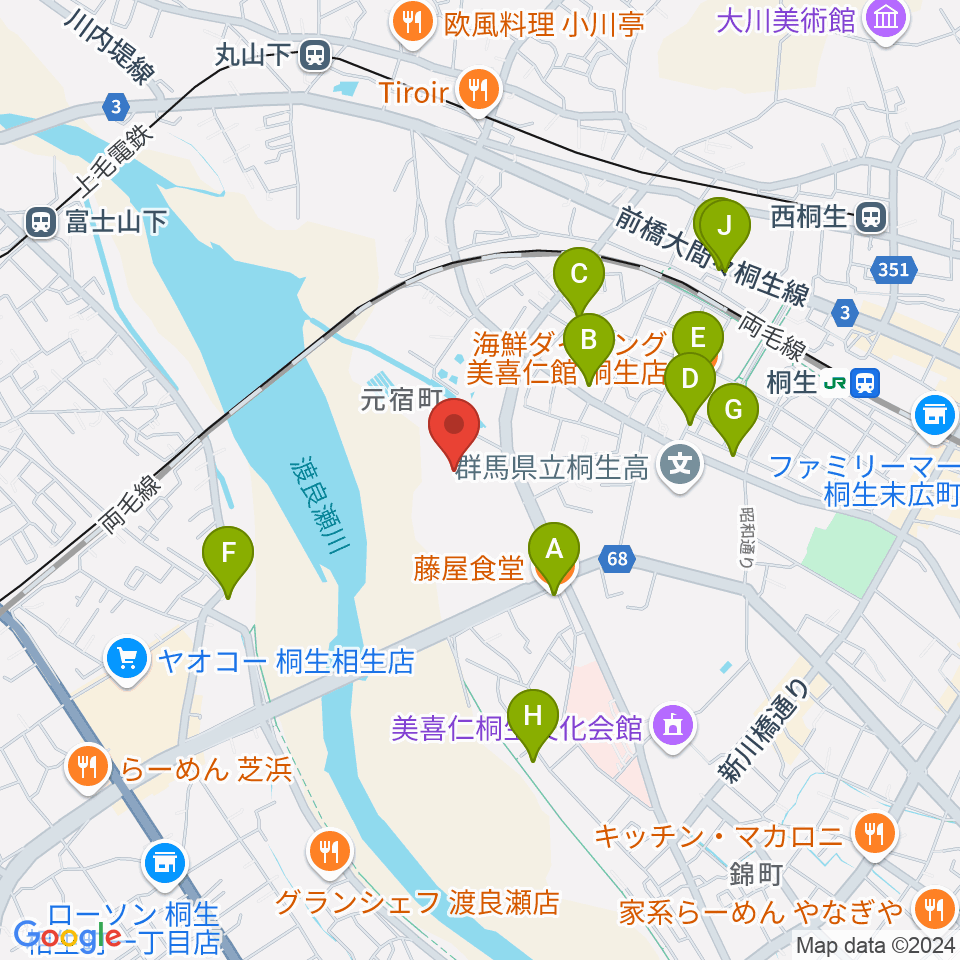 森エンジニアリング桐生スタジアム周辺のファミレス・ファーストフード一覧地図