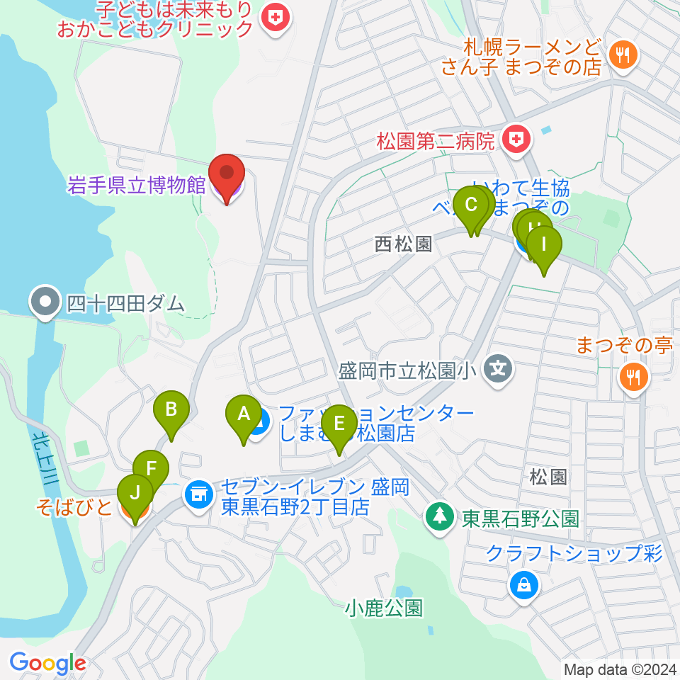 岩手県立博物館周辺のファミレス・ファーストフード一覧地図