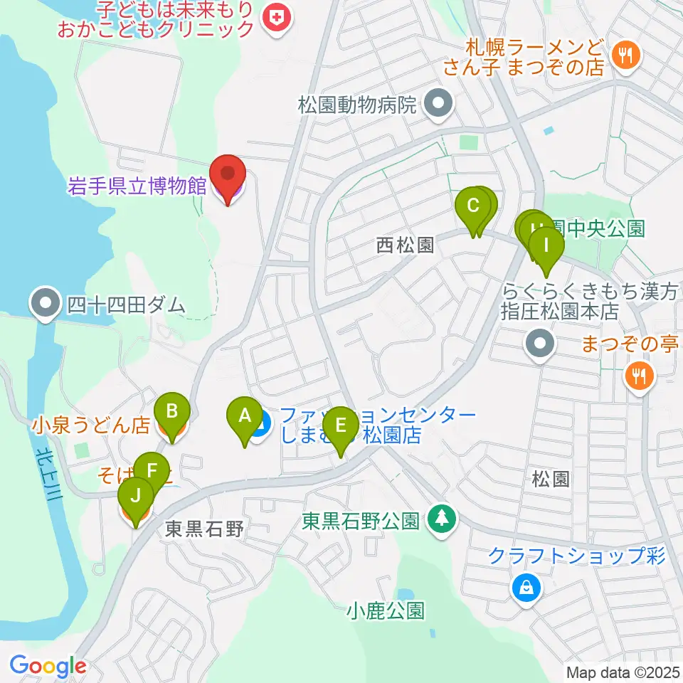 岩手県立博物館周辺のファミレス・ファーストフード一覧地図