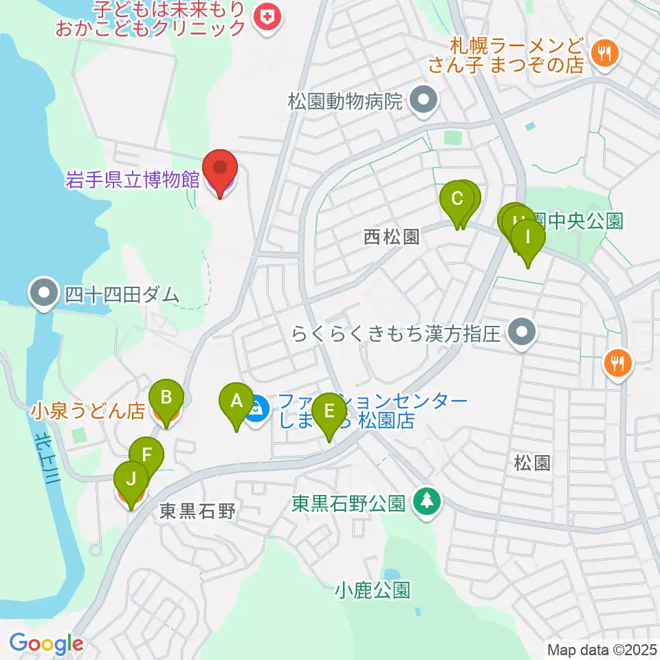 岩手県立博物館周辺のファミレス・ファーストフード一覧地図