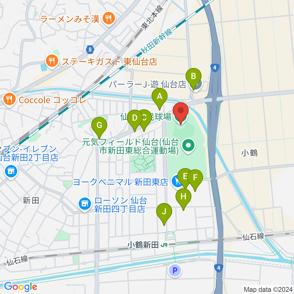 仙台市民球場周辺のファミレス・ファーストフード一覧地図