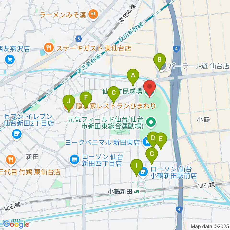 仙台市民球場周辺のファミレス・ファーストフード一覧地図