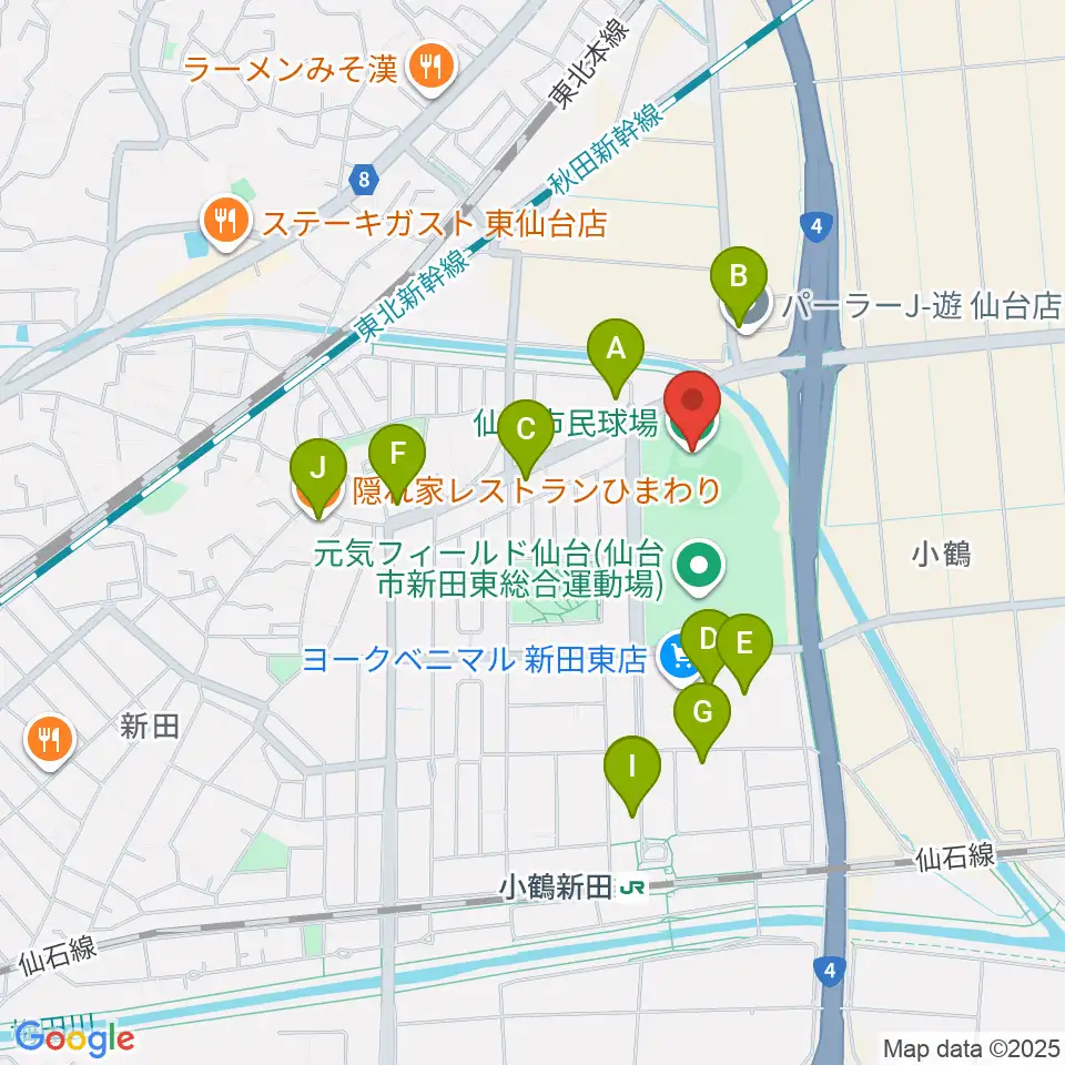 仙台市民球場周辺のファミレス・ファーストフード一覧地図