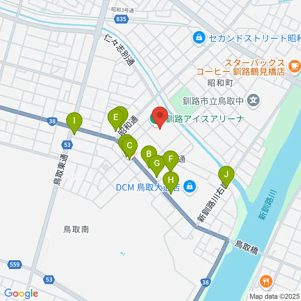 ユタカアイスアリーナくしろ周辺のファミレス・ファーストフード一覧地図