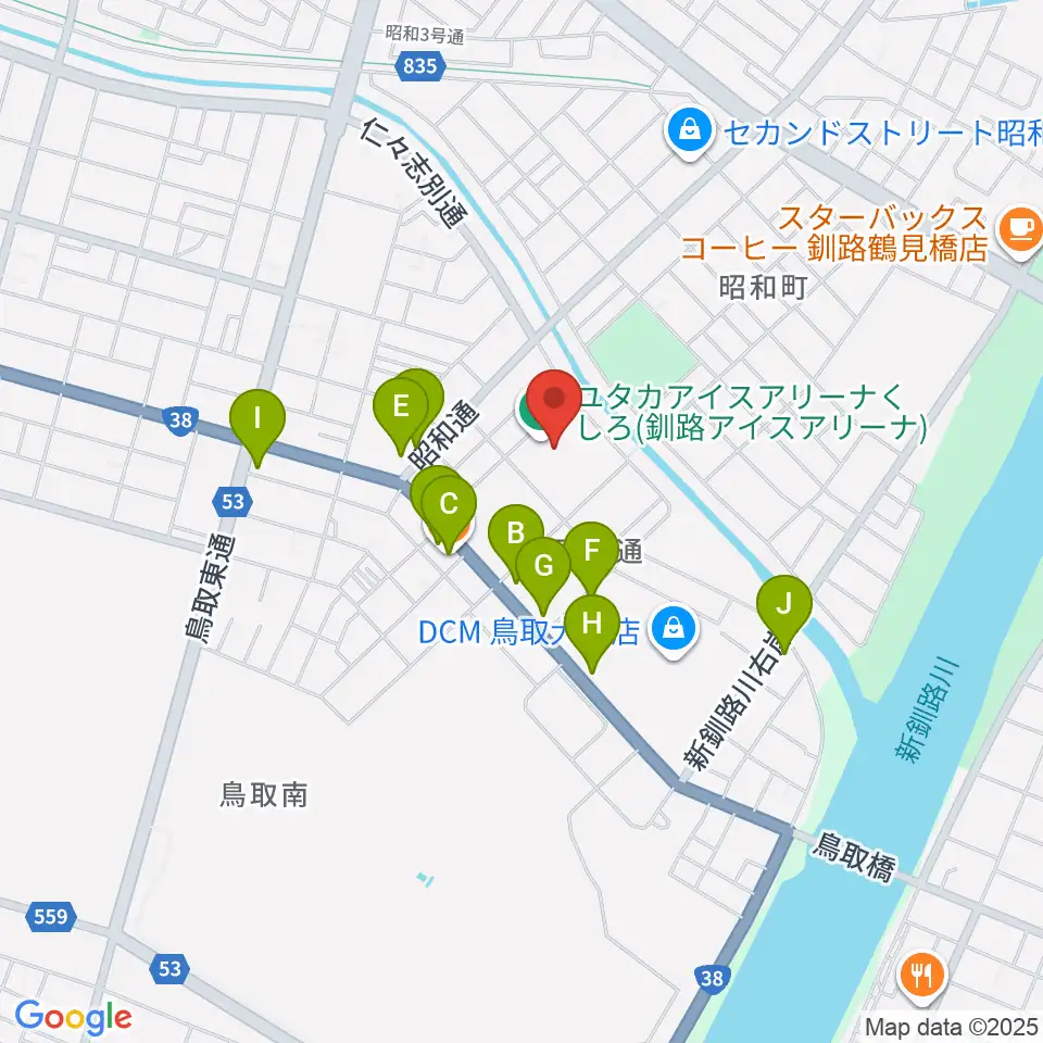 ユタカアイスアリーナくしろ周辺のファミレス・ファーストフード一覧地図