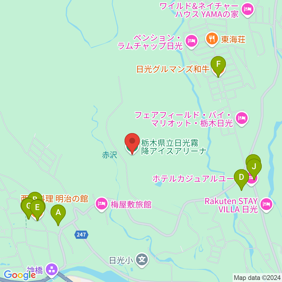 日光霧降アイスアリーナ周辺のファミレス・ファーストフード一覧地図