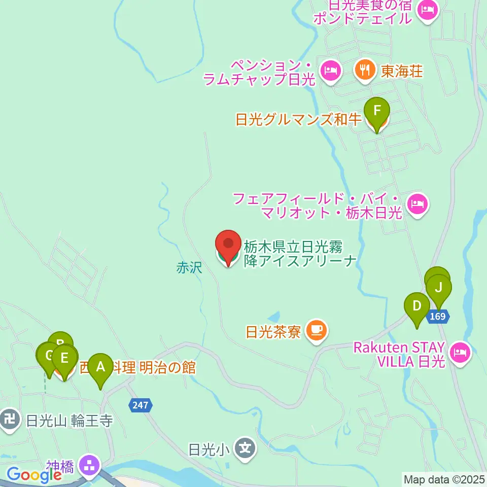 日光霧降アイスアリーナ周辺のファミレス・ファーストフード一覧地図