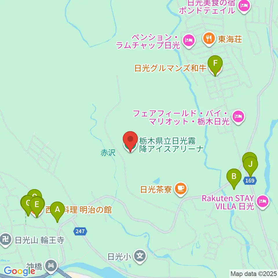 日光霧降アイスアリーナ周辺のファミレス・ファーストフード一覧地図