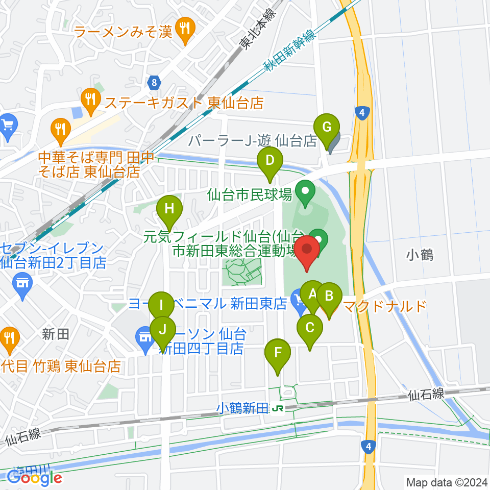 元気フィールド仙台宮城野体育館周辺のファミレス・ファーストフード一覧地図