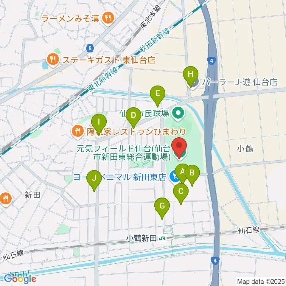 元気フィールド仙台宮城野体育館周辺のファミレス・ファーストフード一覧地図