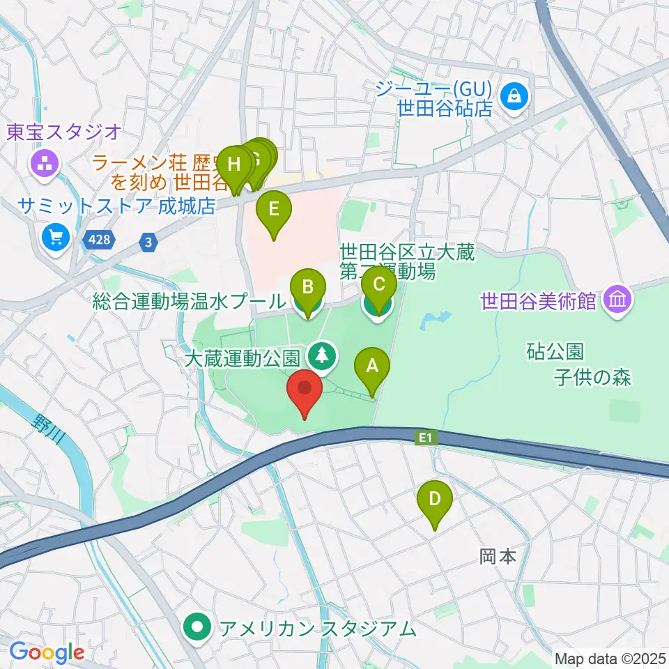 世田谷区立総合運動場野球場周辺のファミレス・ファーストフード一覧地図