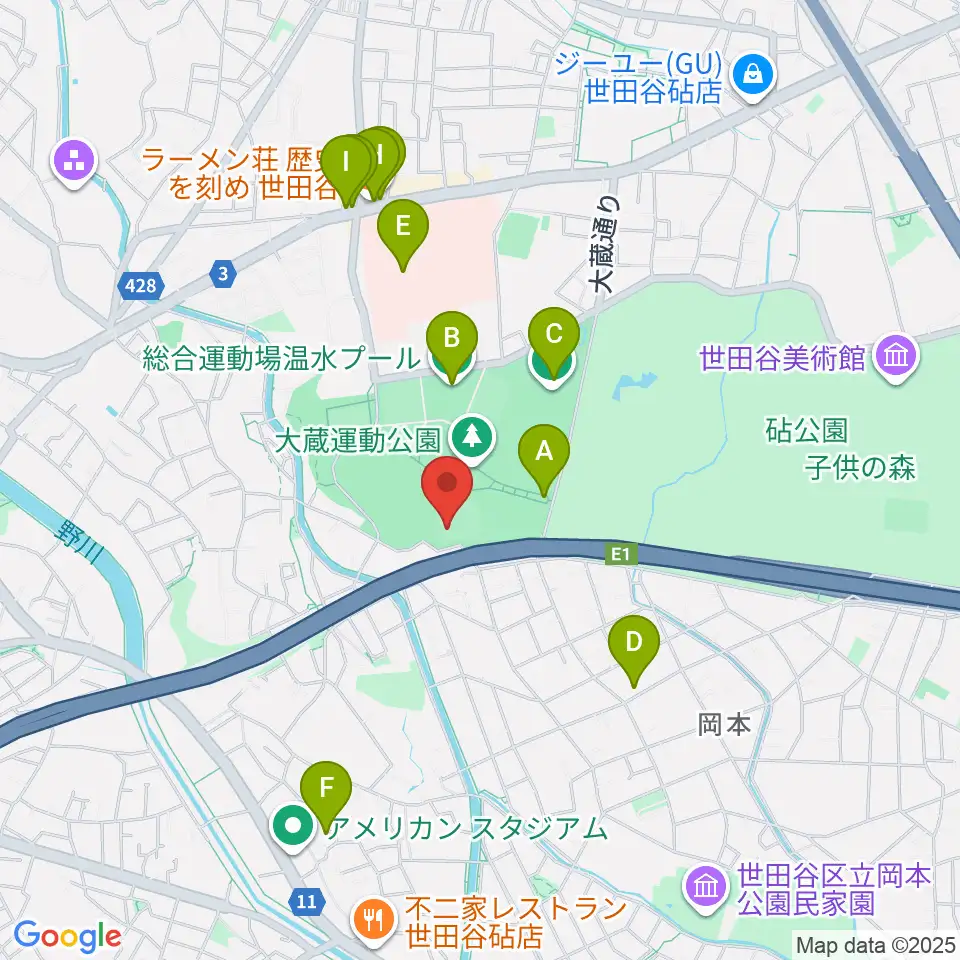 世田谷区立総合運動場野球場周辺のファミレス・ファーストフード一覧地図