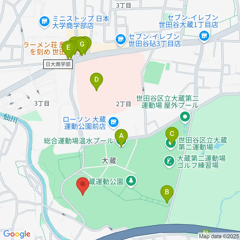 世田谷区立総合運動場陸上競技場周辺のファミレス・ファーストフード一覧地図