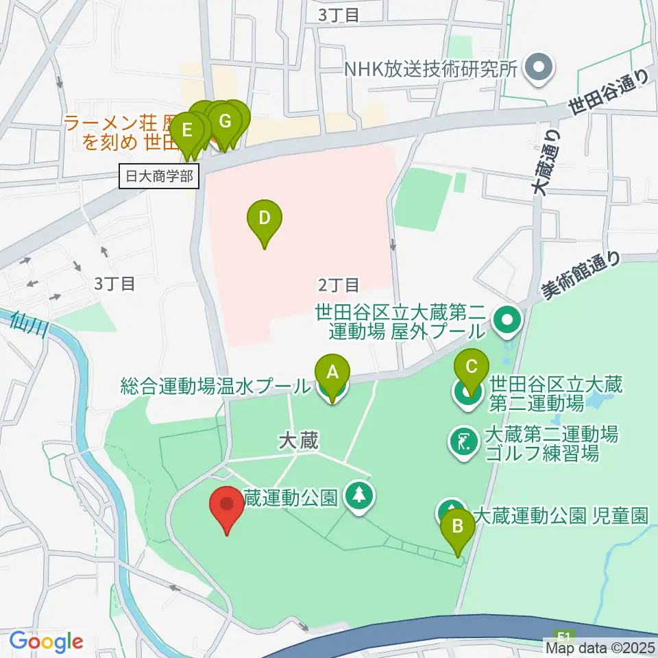 世田谷区立総合運動場陸上競技場周辺のファミレス・ファーストフード一覧地図
