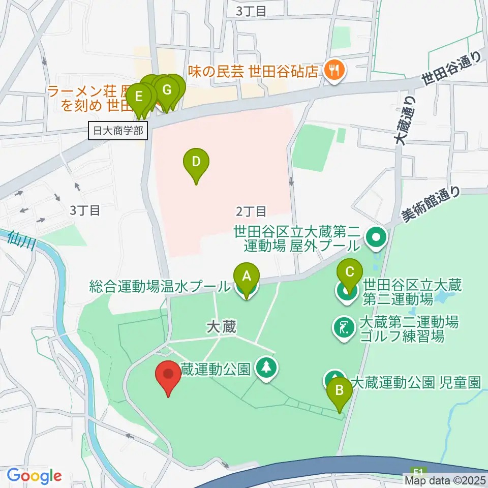 世田谷区立総合運動場陸上競技場周辺のファミレス・ファーストフード一覧地図