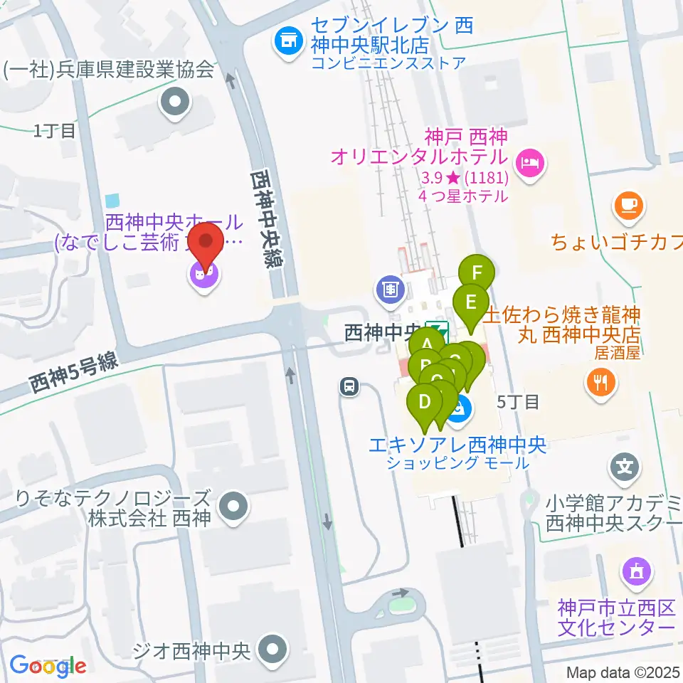 西神中央ホール周辺のファミレス・ファーストフード一覧地図